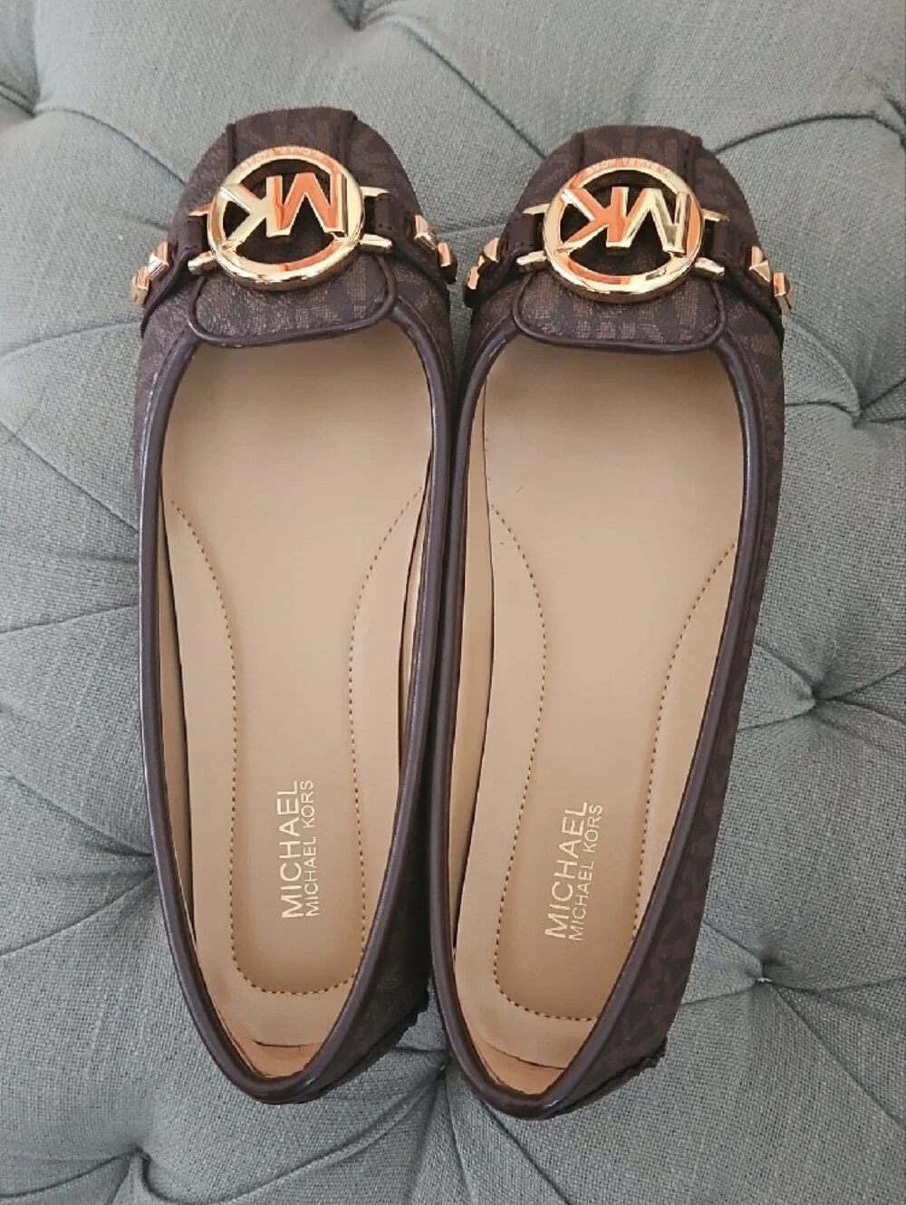 Michael Kors Dark Brown MK Logo Ballet Flats with Gold Hardware
